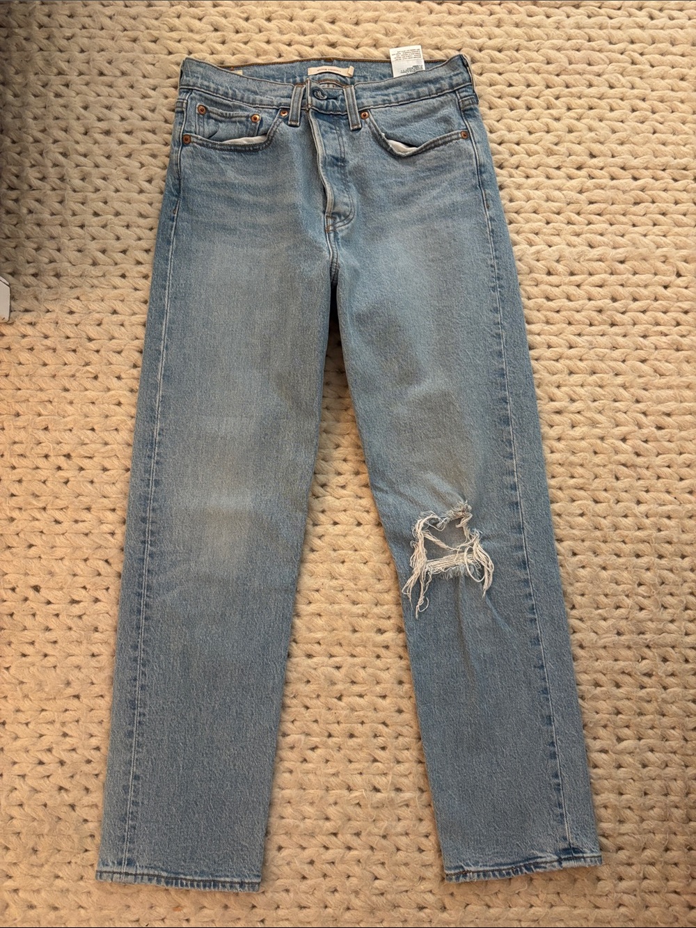 Levi's Light Blue Straight Leg Jeans with Distressed Knee